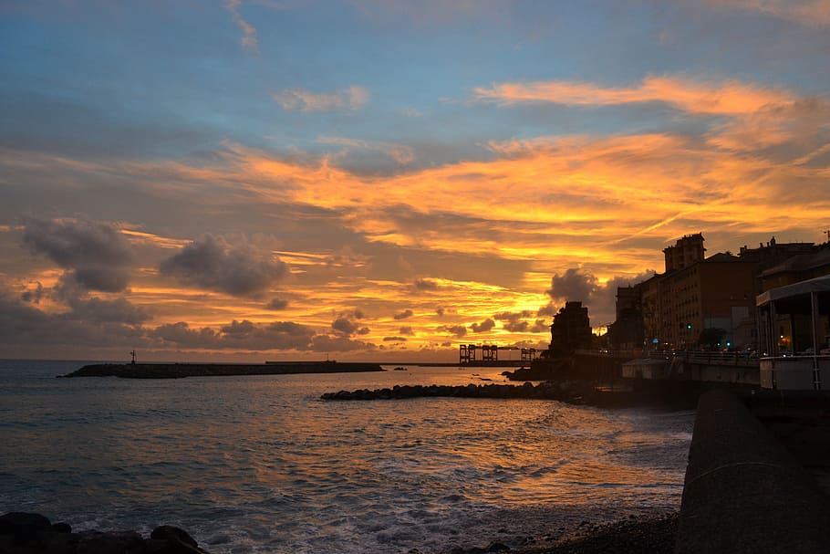 genoa, sea, sunset, sky, water, cloud - sky, orange color, architecture HD wallpaper