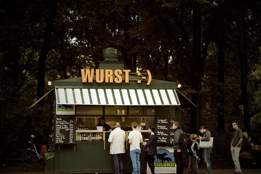 lunch, germany, kiosk, line, queue, sausages, wurst, tree, communication HD wallpaper