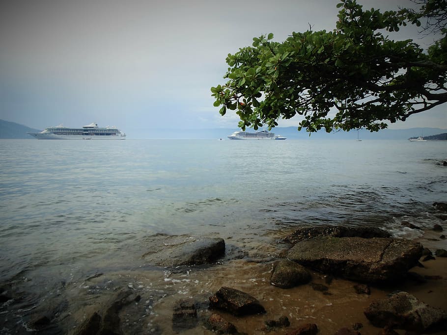 beach, mar, nature, boat, travel, rocks, sky, beira mar, water HD wallpaper