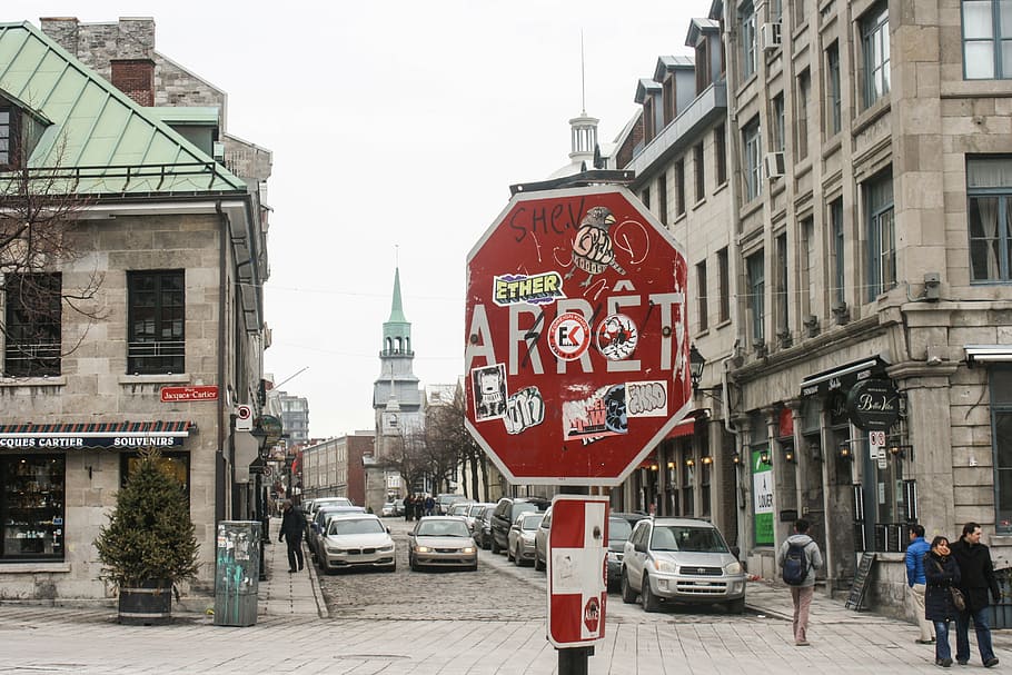 montreal, stop sign, vandalism, graffiti, city, quebec, canada, HD wallpaper