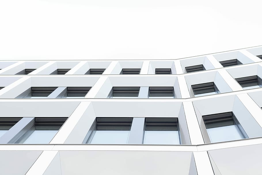 worm's eyeview photo of white concrete 3-storey building, low angle photography of white concrete high rise building HD wallpaper