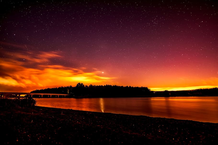 Sunset, Dusk, Silhouettes, River, Water, reflections, hdr, sky HD wallpaper