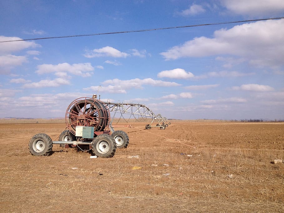 circle irrigation, blue sky, machinery, agriculture, industry HD wallpaper
