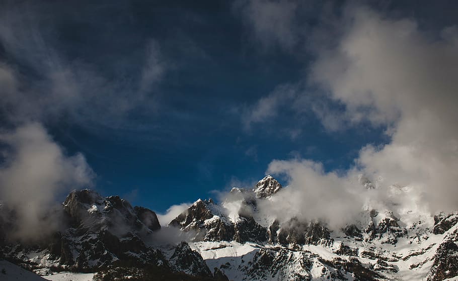 mountain covered by snow, view, top, coated, white, valley HD wallpaper
