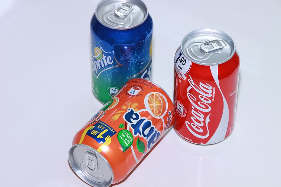 three soda cans, Aluminum, Can, Coca, Cola, Cola, Drink, Fanta