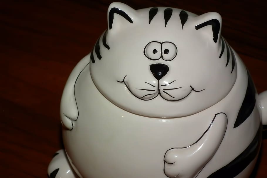 cat, porcelain, figurine, tableware, sugar bowl, closeup, striped HD wallpaper