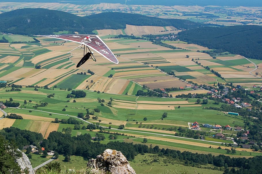 hang glider, sport, landscape, fly, mountain, nature, field, HD wallpaper