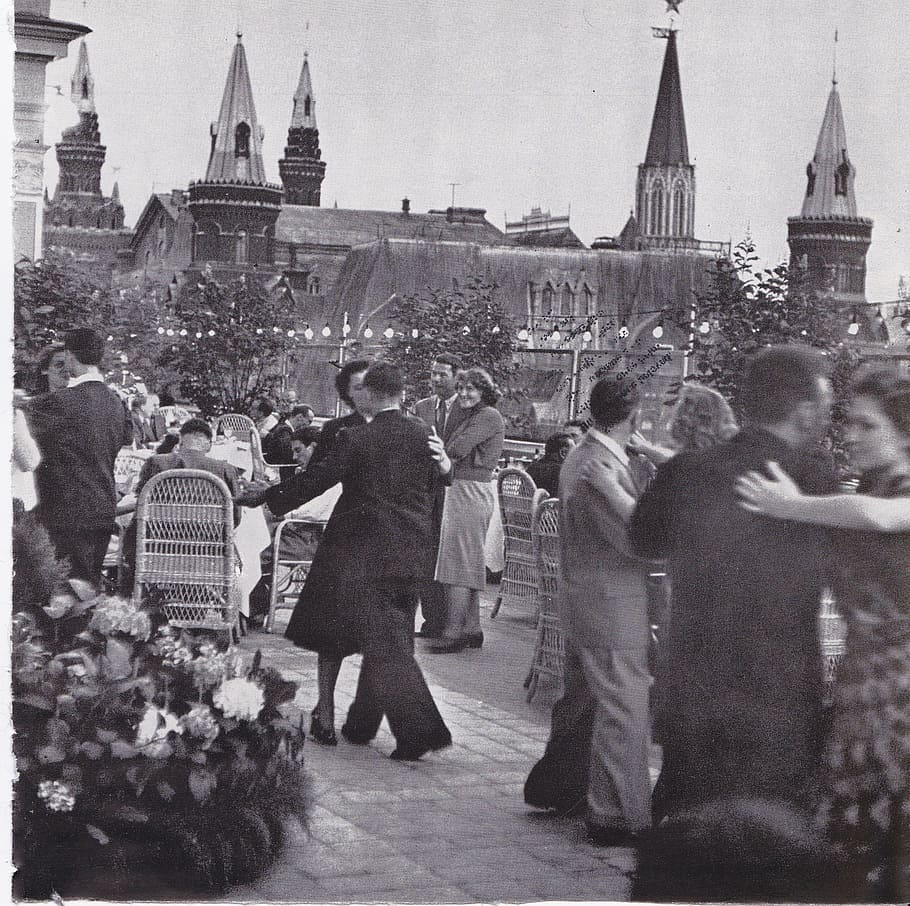 grayscale photo of group of person dancing, russia, couples, outdoors