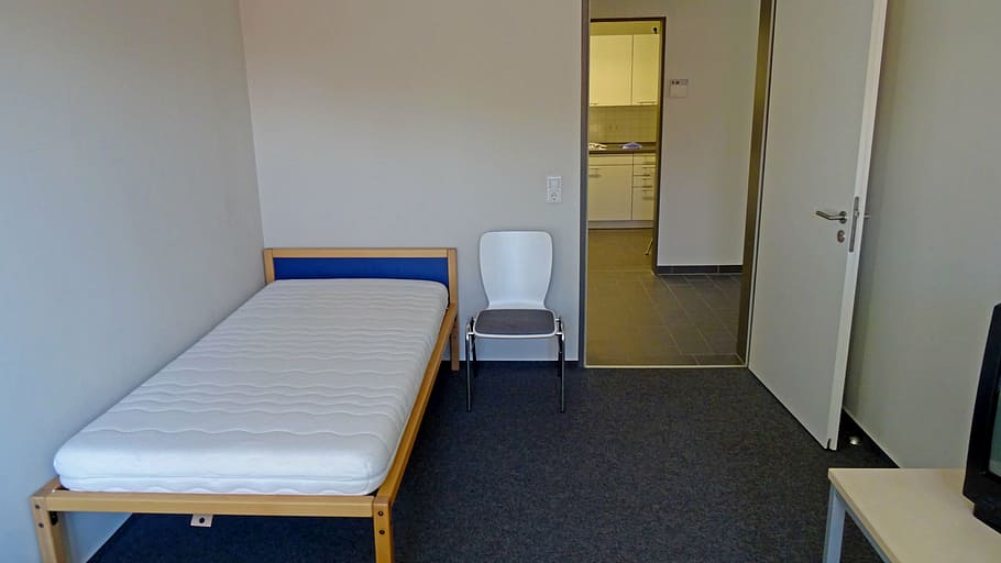 white mattress on bed beside chair, room, space, bedroom, door HD wallpaper