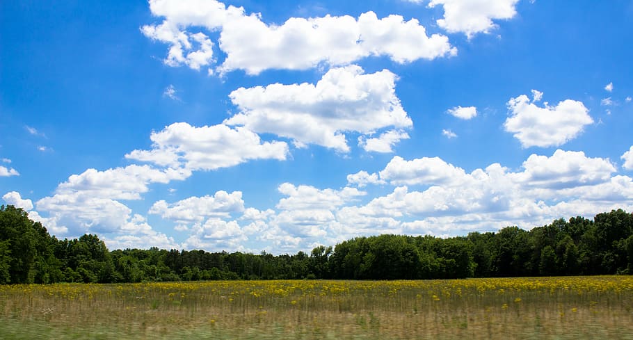 sky, farm, clouds, field, agriculture, rural, nature, blue HD wallpaper
