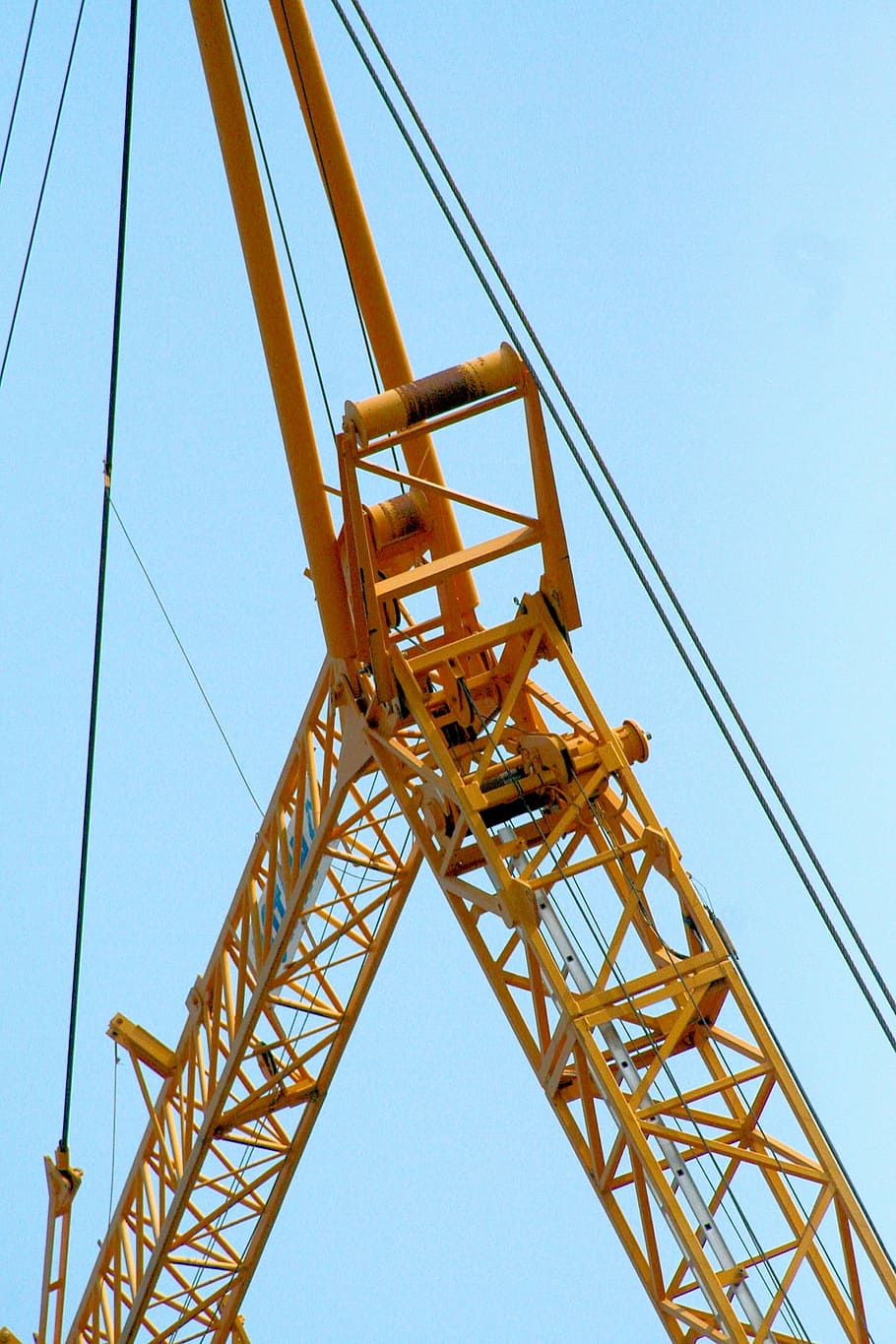 crane, sky, cables, lattice, low angle view, clear sky, nature HD wallpaper