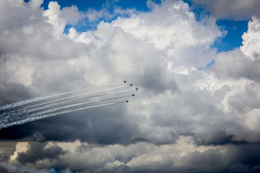 five jets near clouds, Blue Sky, Red Arrows, Planes, airplane HD wallpaper