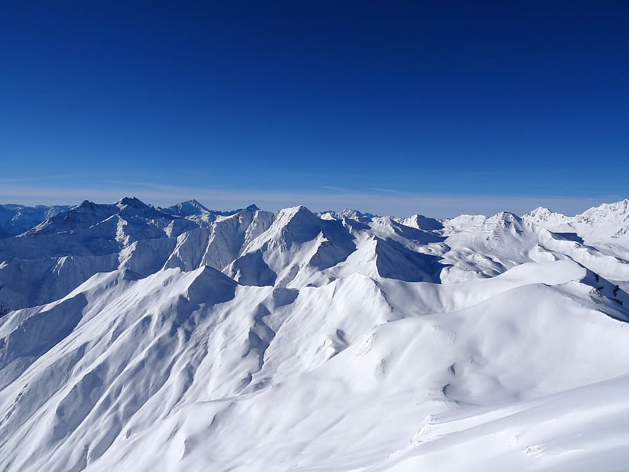 snow covered mountains under blue skies, Serfaus, Austria, nature HD wallpaper