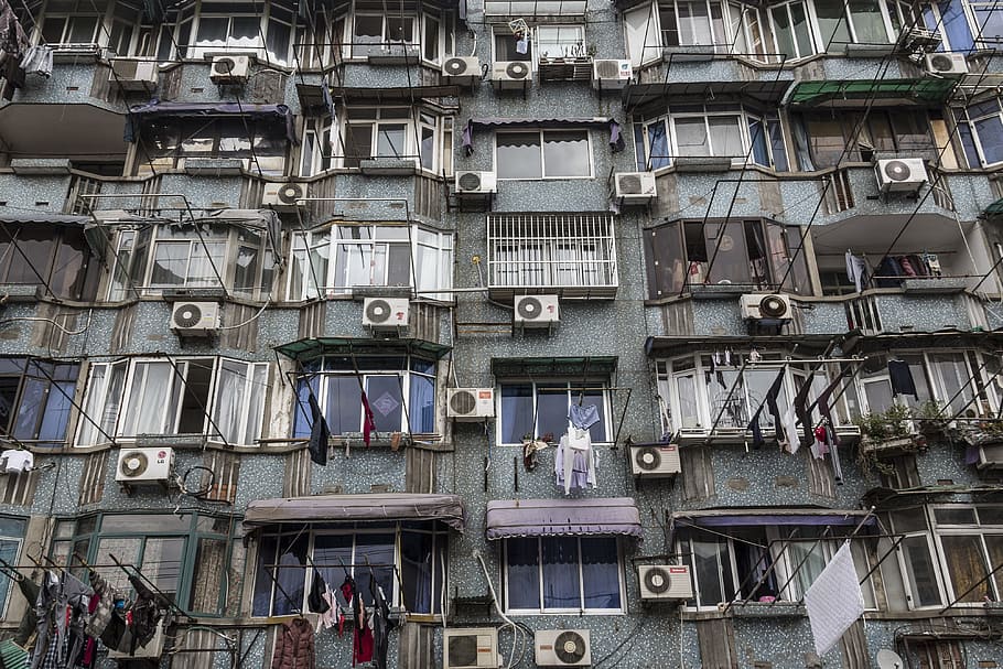 landscape photography of apartment, buildings, air conditioning HD wallpaper