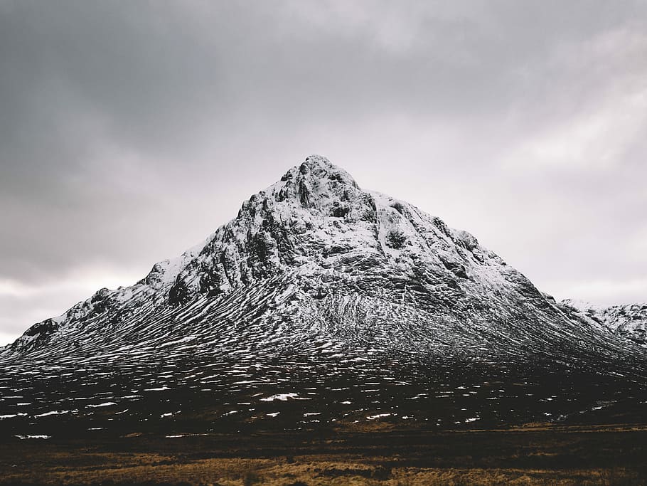 scenery of mountain covered with snow, grayscale photography of mountain HD wallpaper