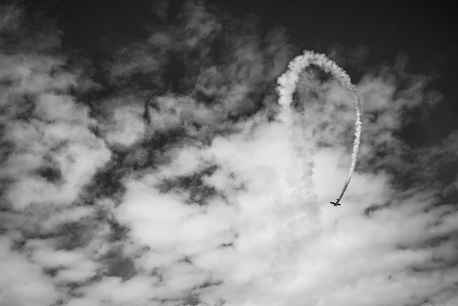 jet flying on cloudy sky, grayscale photography of airplane, jet trail HD wallpaper