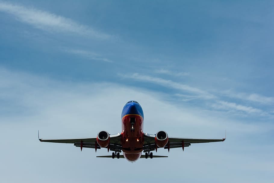 Online crop | HD wallpaper: blue and red airplane on sky, red and blue