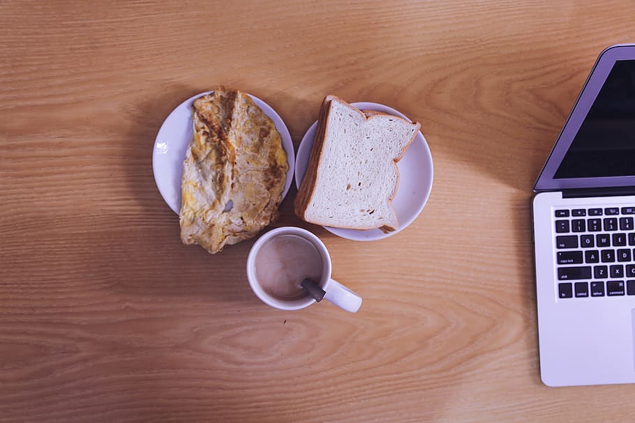 White Ceramic Mug Beside Bread on White Ceramic Saucer, breakfast HD wallpaper