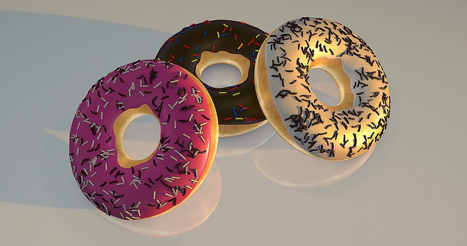 three assorted-flavour doughnuts, donuts, refreshment, delicious, HD wallpaper