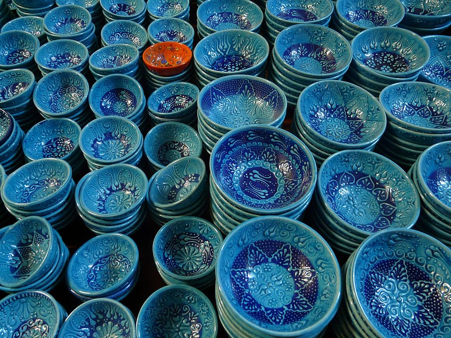 Pottery, Shells, Ceramic, Bowl, blue, decoration, fragile, large group of objects HD wallpaper