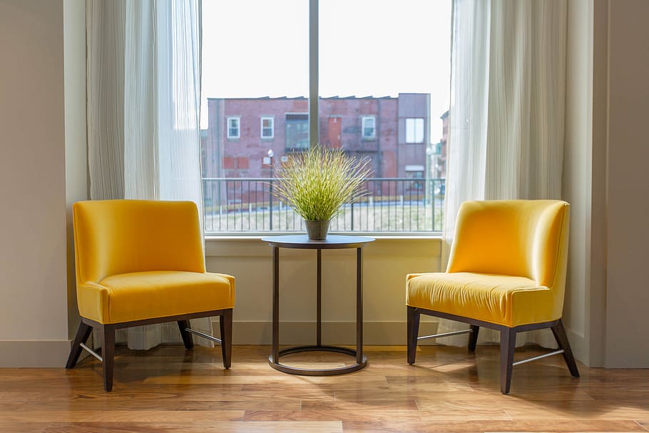 two yellow padded chairs, seating area, interior design, home interior, HD wallpaper