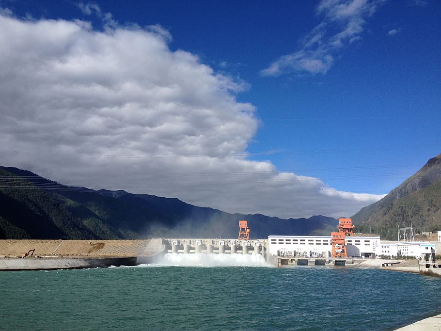 Hydropower, Blue Sky, Building, white cloud, mountain, cloud - sky HD wallpaper