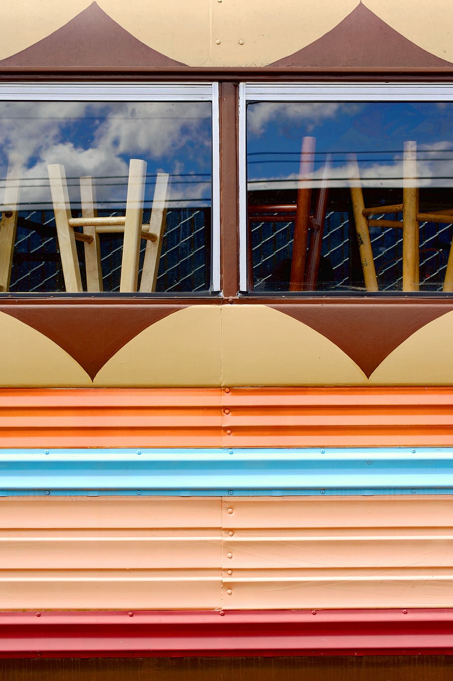 multicolored painted truck with glass window, brown and orange wooden building HD wallpaper