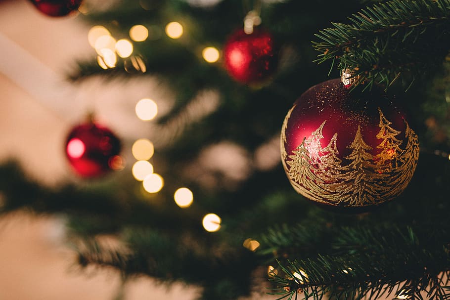 shallow focus photography of red bauble on christmas tree, close up photo of bauble hanged on Christmas tree