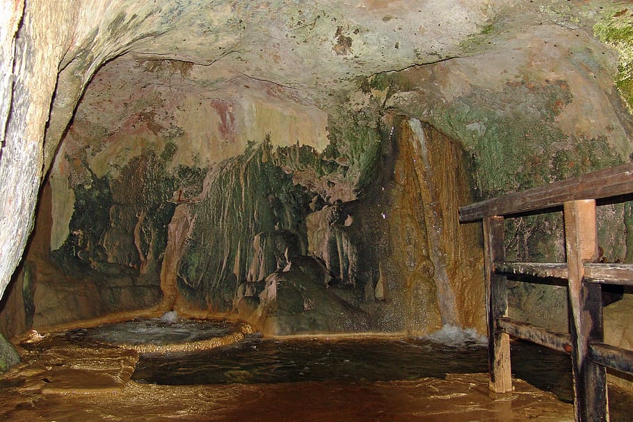 Cave, Waterfall, Underground, Color, nature park, tree, no people HD wallpaper