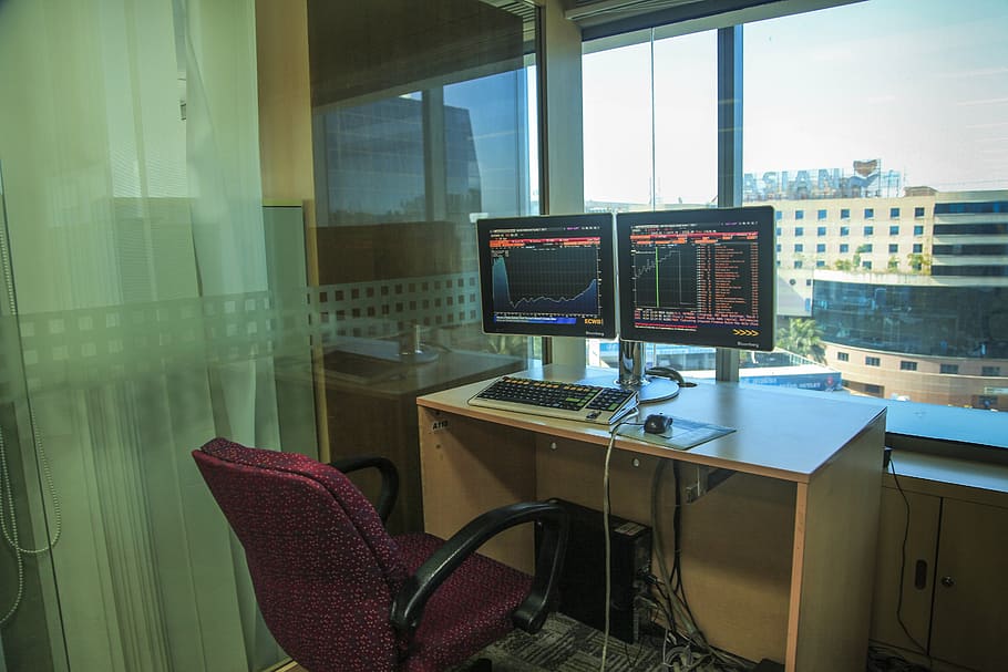two black flat screen monitors on table, office, computers HD wallpaper