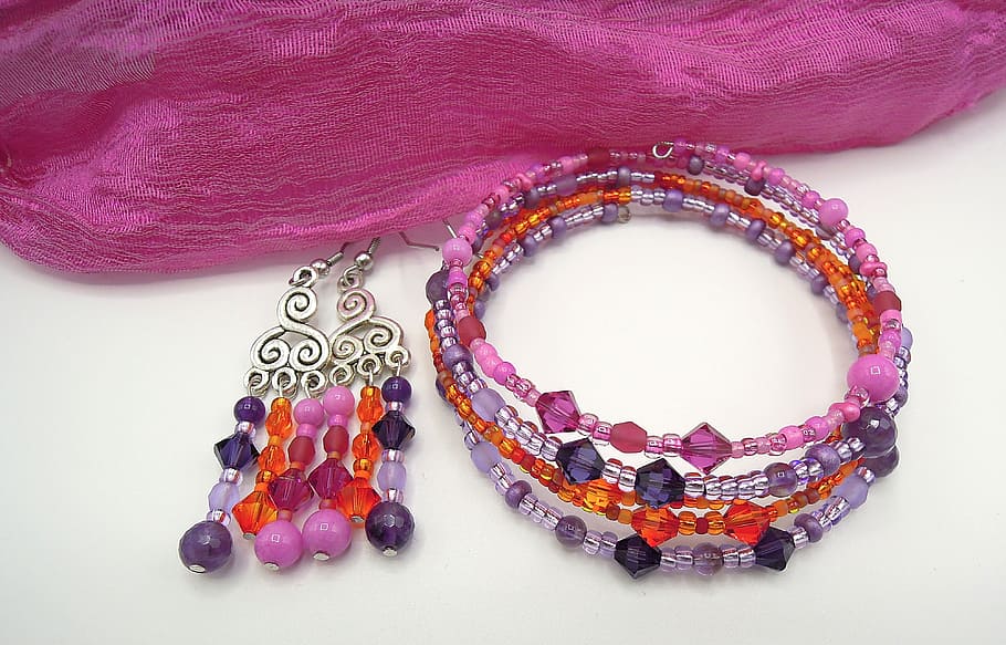Jewelry, Bracelet, Earrings, Beads, fashion, purple, pink, orange HD wallpaper