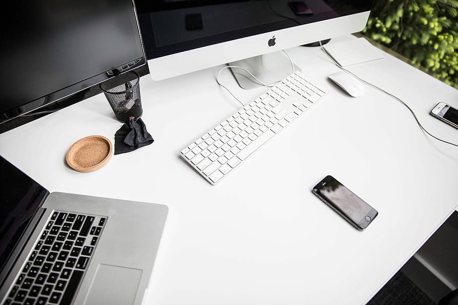 space gray iPhone 6 on table near magic keybord, smartphone on white desk HD wallpaper
