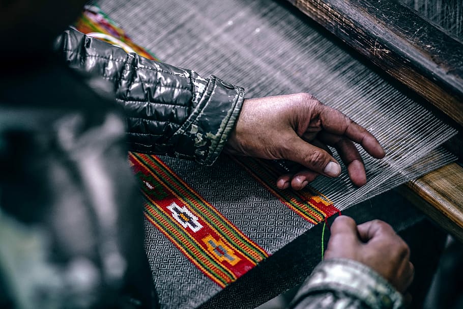 person weaving gray cloth, person holding needle, hand, thread HD wallpaper