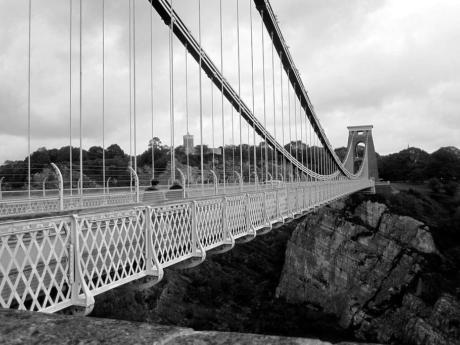 two people walking on walk bridge, heights, risk, bristol, england HD wallpaper