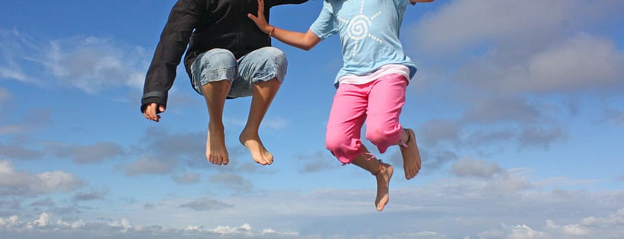 two persons jumping, sky, child, two people, cloud - sky, low section HD wallpaper