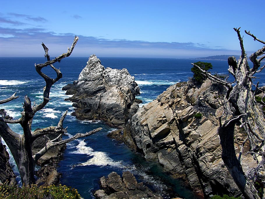 point lobos, california, rocks, ocean, sea, coast, water, sky