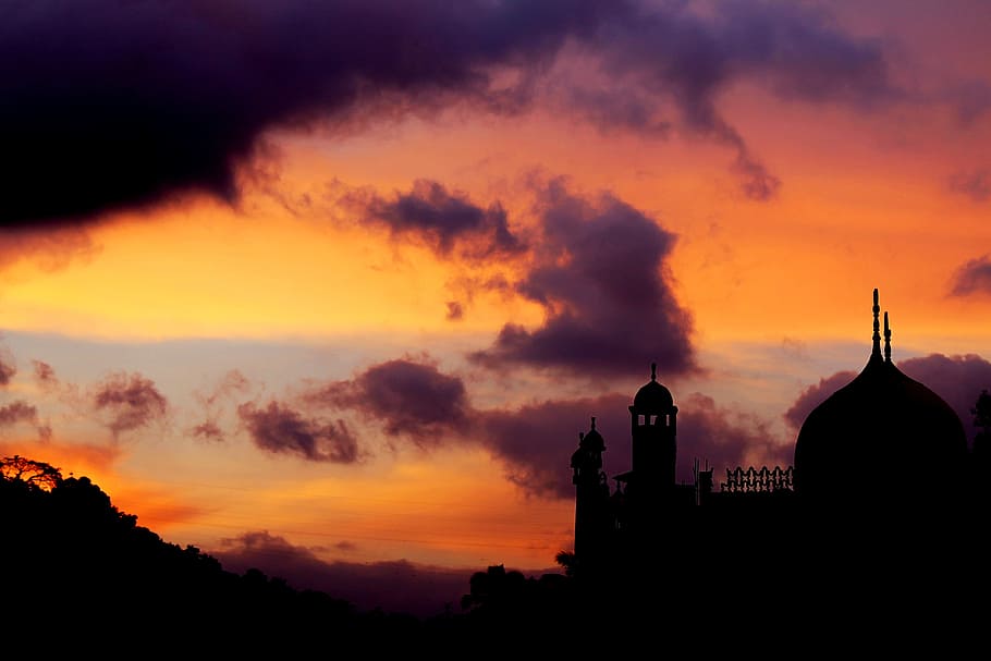 mosque near mountain during golden hour silhouette landscape photography, HD wallpaper