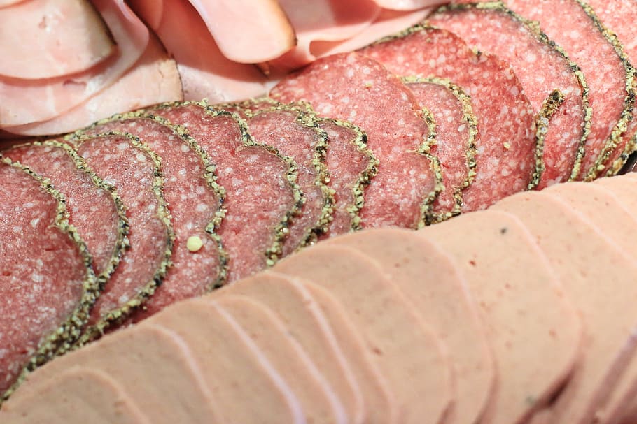 close-up photo of sliced hams, salami, liverwurst, application HD wallpaper