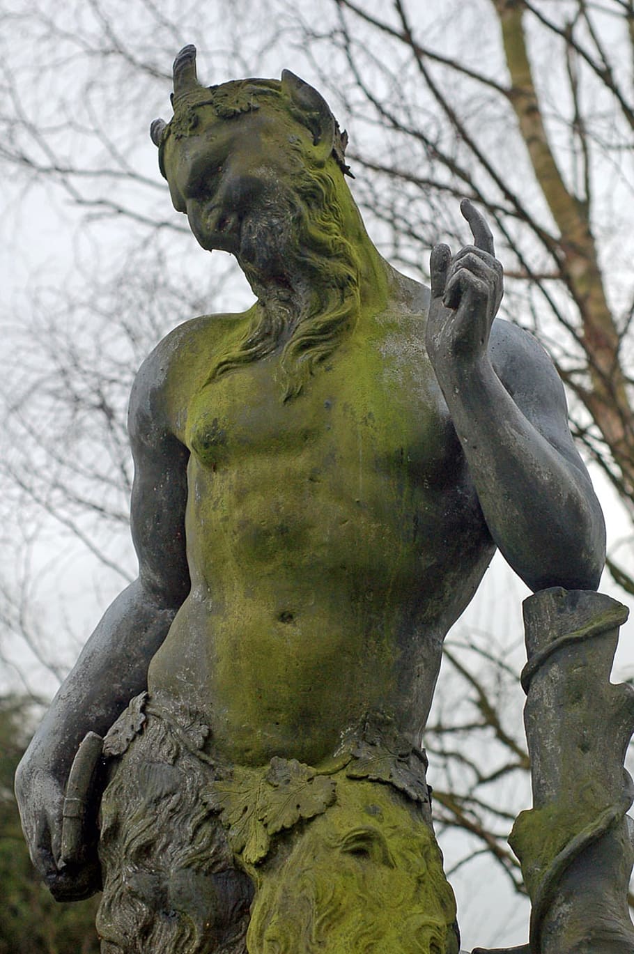 statue, monument, pan, faun, grey, green, sculpture, representation, HD wallpaper