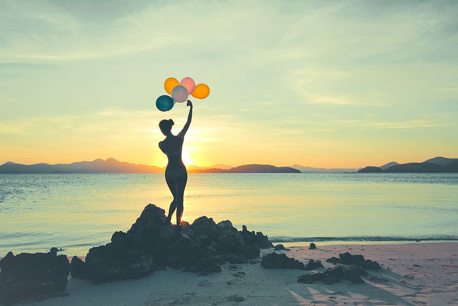 See you tomorrow, silhouette of woman holding balloons, sunset HD wallpaper