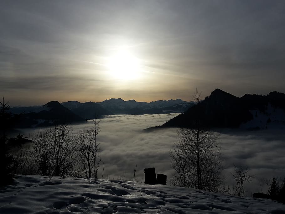 mountains, clouds, sunset, snow, mood, fog, sky, beauty in nature HD wallpaper