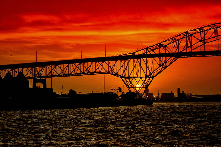 sunset, bridge, gulf, water, landscape, sky, city, river, tourism HD wallpaper