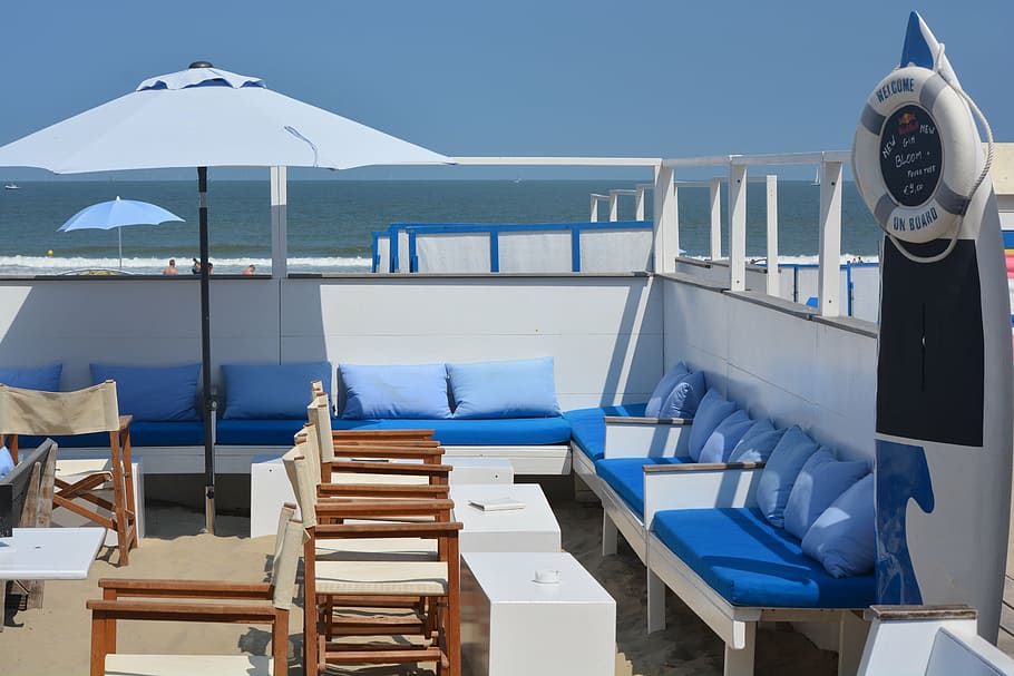 holiday, beach bar, sea, parasol, blankenberge, chair, seat, HD wallpaper