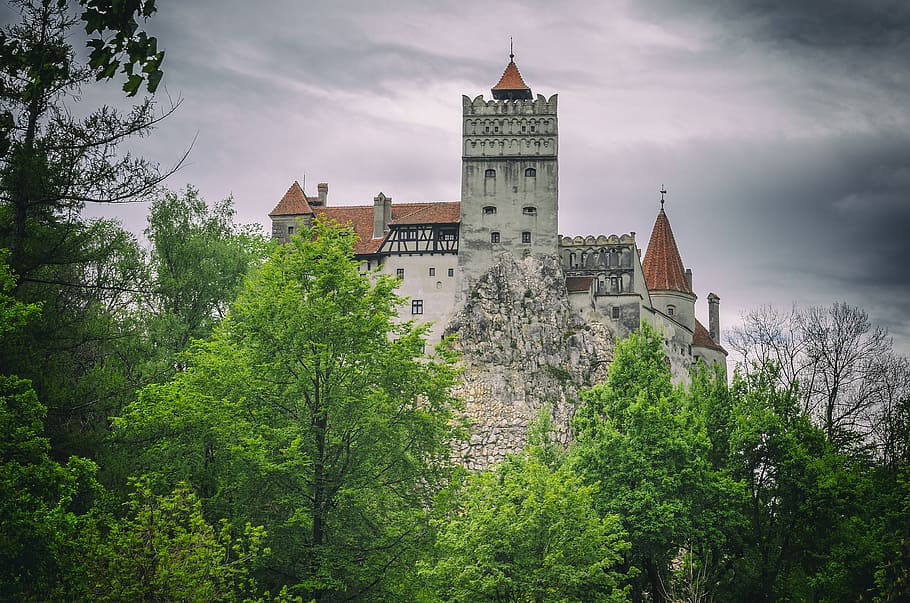 castle, clouds, sky, landscape, nature, blue sky, dramatic HD wallpaper