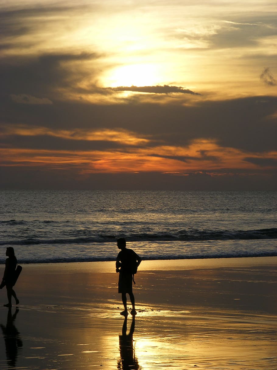 sunset, bali, beach, sky, sea, water, real people, horizon over water HD wallpaper