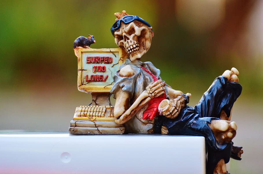 beige skeleton figurine on white surface, computer, addiction HD wallpaper