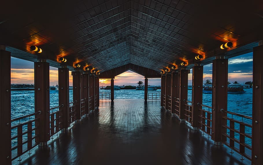 open wooden building surrounded with water, maldives, pier HD wallpaper