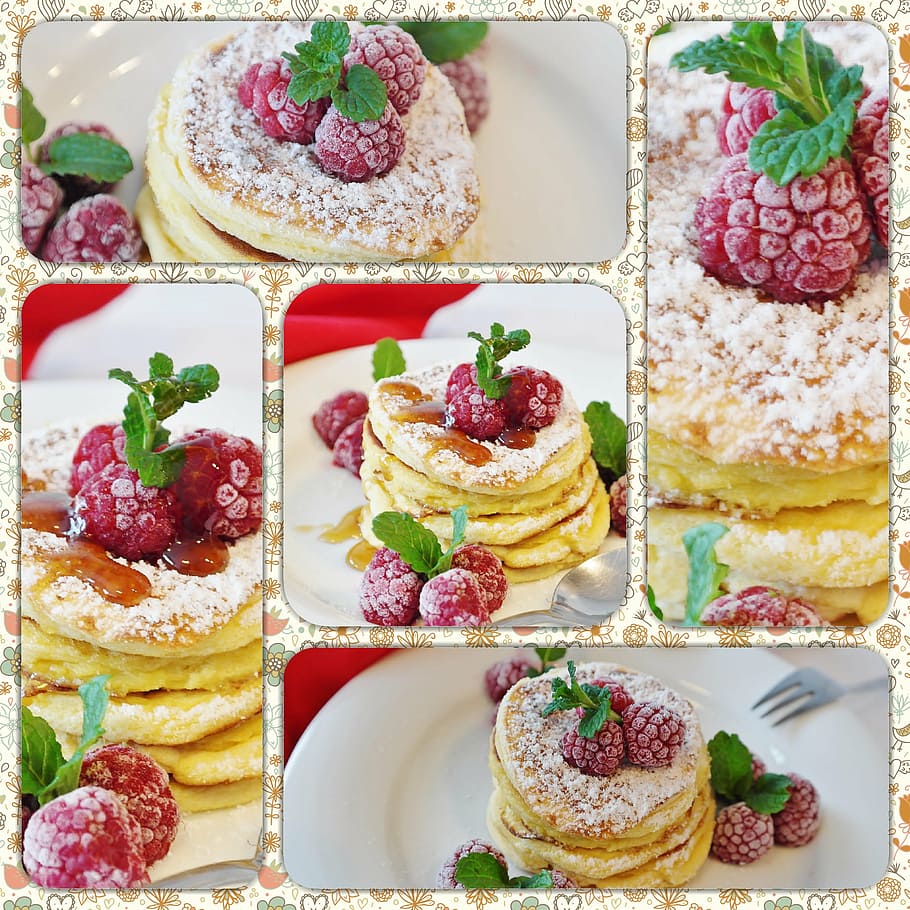 pancake with raspberries collage, schaumomelette, egg, sugar HD wallpaper