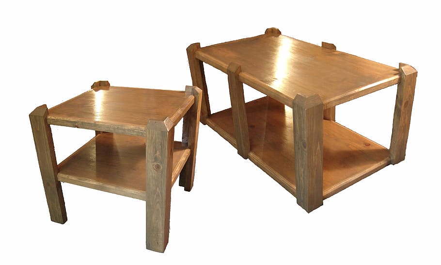 brown 2-piece end coffee table set, furniture, handmade, carpentry HD wallpaper
