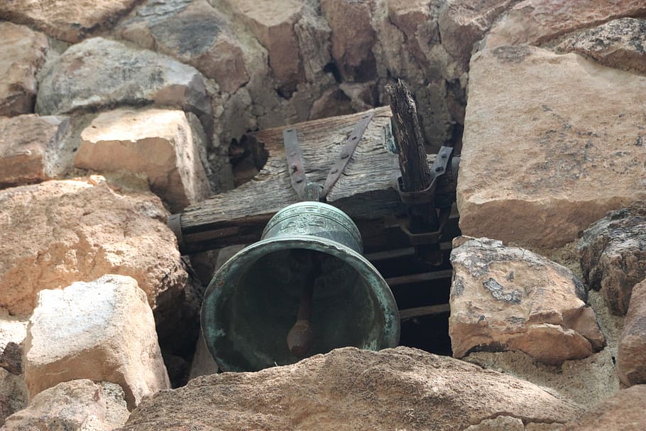 bell, patina, stone wall, rustic, aged, ring, bronze, tarnish